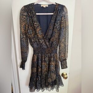 Michael Kors Blue and Brown Long Sleeve Wrap Dress